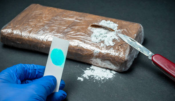 Close up of police officer's hand displays positive cocaine test result on a reagent strip from seized drugs package from trafficking or smuggling operation at airport customs.